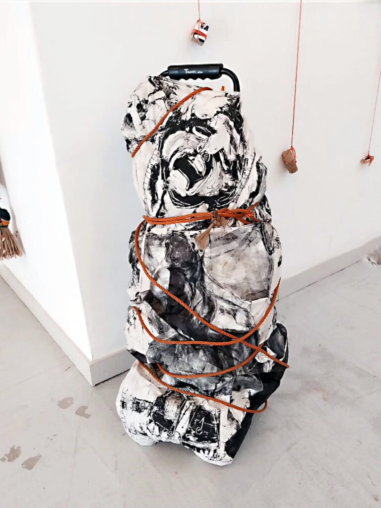 Human Transport | Monotype Print on Canvas Bag Mounted on Shopping Cart | 2025